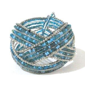 Bead And Wire Cuff Bracelet Silver Blue Color Seed Beads 1 1/2" Wide